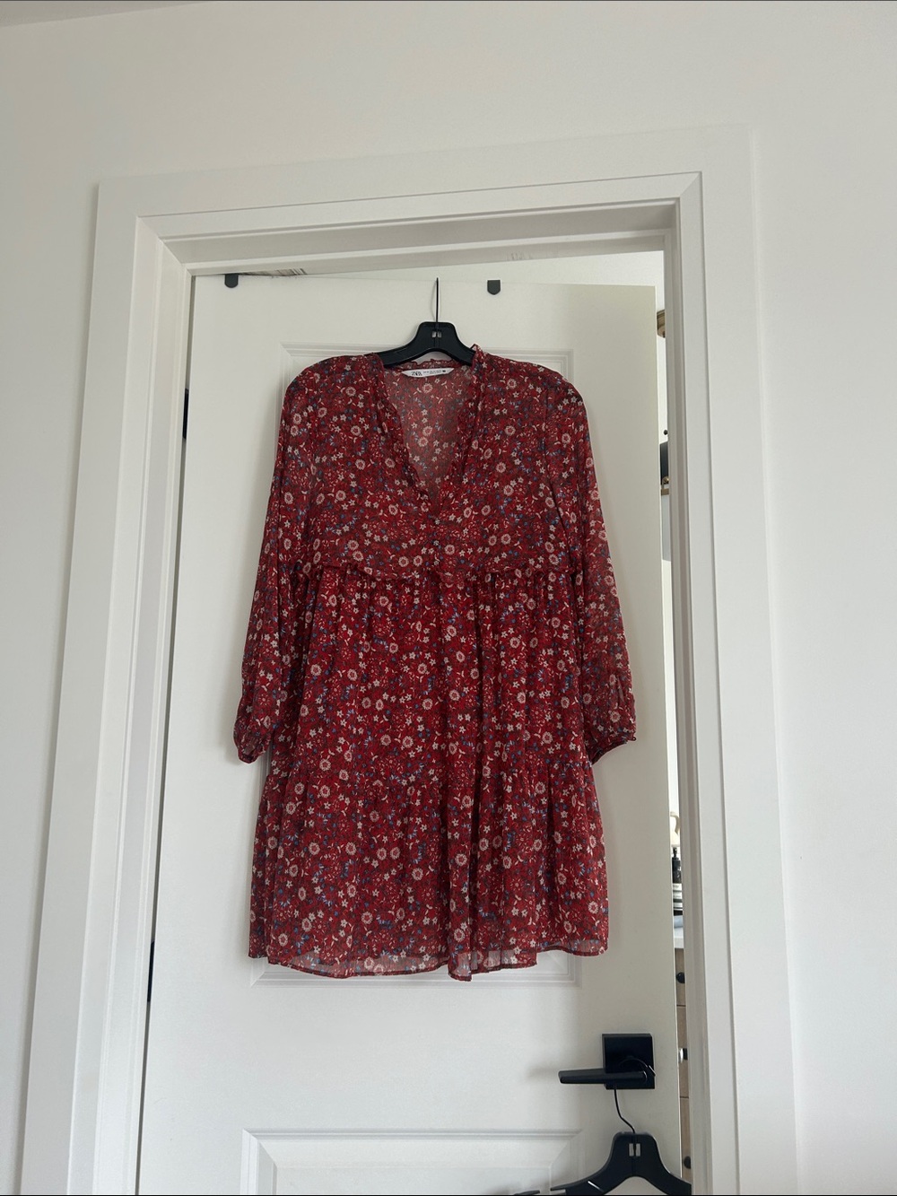 Zara Red Floral Tiered V-Neck Mini Dress